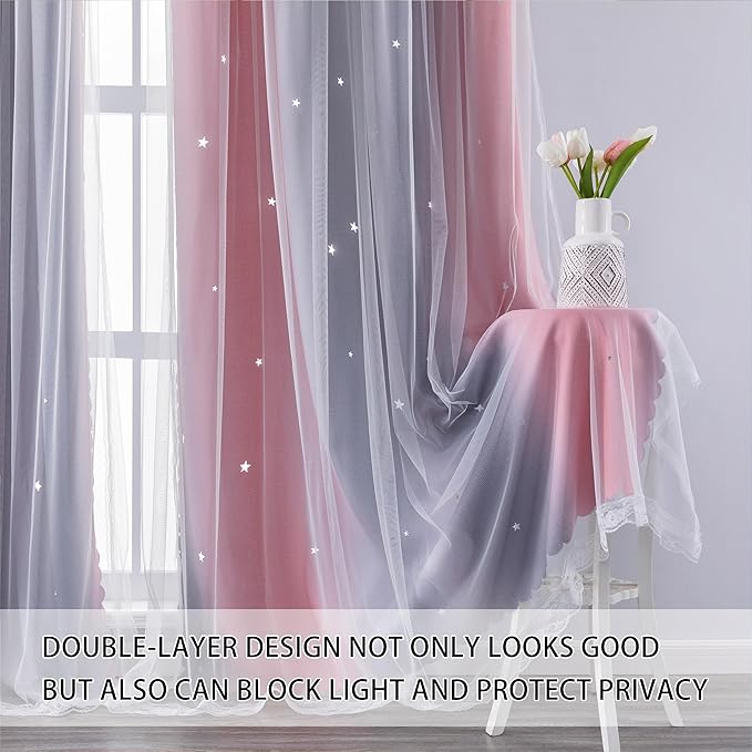 XiDi Dream Star Blackout Curtains for Kids Rooms Girl Princess Curtain for Daughter Bedroom Window (Pink Grey, W52 X L84)