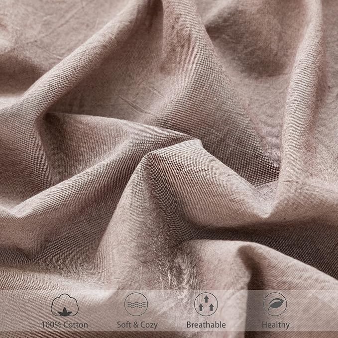 MooMee Fitted Bottom Sheet Only 100% Washed Cotton Linen Like Textured Breathable Durable Soft Comfy Deep Pocket Fits Mattress up to 17" (Mauve Brown, California King)