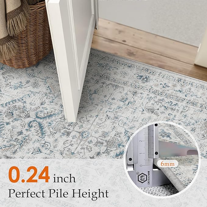 Blue 8x10 Area Rug Vintage Washable Living Room Carpet Non Slip Bedroom Indoor Office Low Pile Large Traditional Distressed Retro Accent Rug for Dining Room Bathroom Kitchen