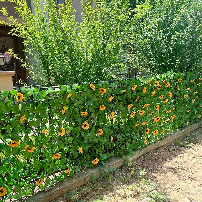 Sumery Expandable Fence Privacy Screen for Balcony Patio Outdoor,Decorative Faux Ivy Fencing Panel,Artificial Hedges (Single Sided Leaves) (1, Sunflowers)
