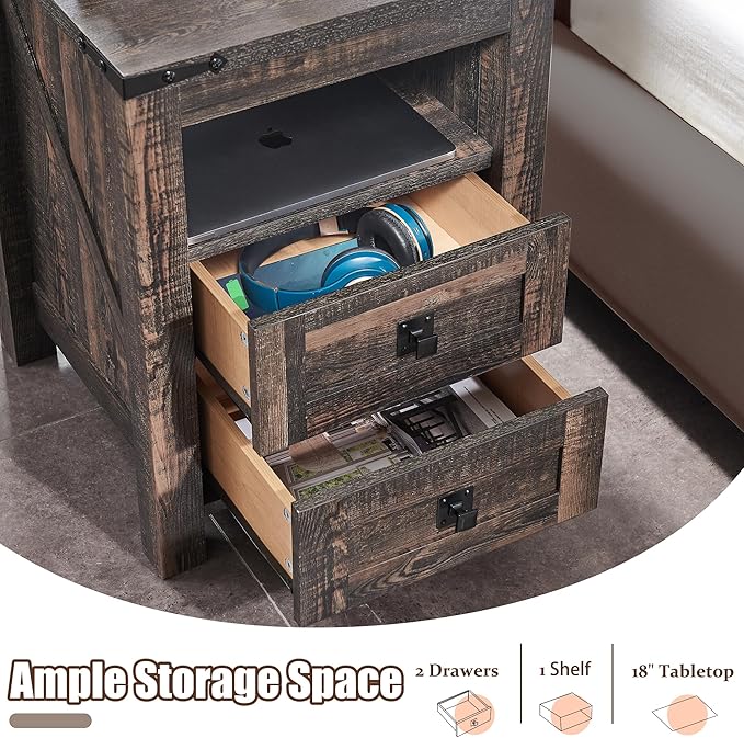 T4TREAM Farmhouse Nightstand Set of 2 with Charging Station, Rustic End Table with 2 Drawers, Storage Open Shelf for Bedroom, Living Room, Wood Side Table, Dark Rustic Oak