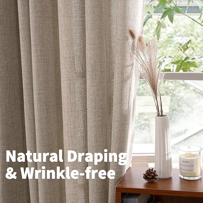 YoungsTex Short Linen Curtains 45 lnch Length, Semi Sheer Drapes with Bronze Grommet Ligth Filtering for Kitchen Bathroom Living Room Windows Lightweight, Dark Oatmeal, 2 Panels, 42 X 45 Inch