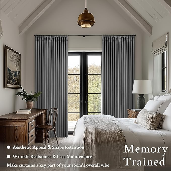 Dark Grey 100 Inch Blackout Pinch Pleated Curtains 2 Panel Set for Living Room Darkening Thick Linen Textured 100% Black Out Drapes 100 Inches Long Pinch Pleat Light Blocking Bedroom Charcoal Gray