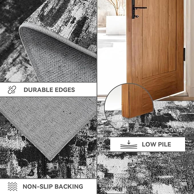 Machine Washable Runner Rug 2x6: Non Slip Hallway Rug Low Pile Kitchen Runner Soft Abstract Rug with Rubber Backing for Entryway Bedroom Bathroom Farmhouse Laundry Living Room Black White 2x6