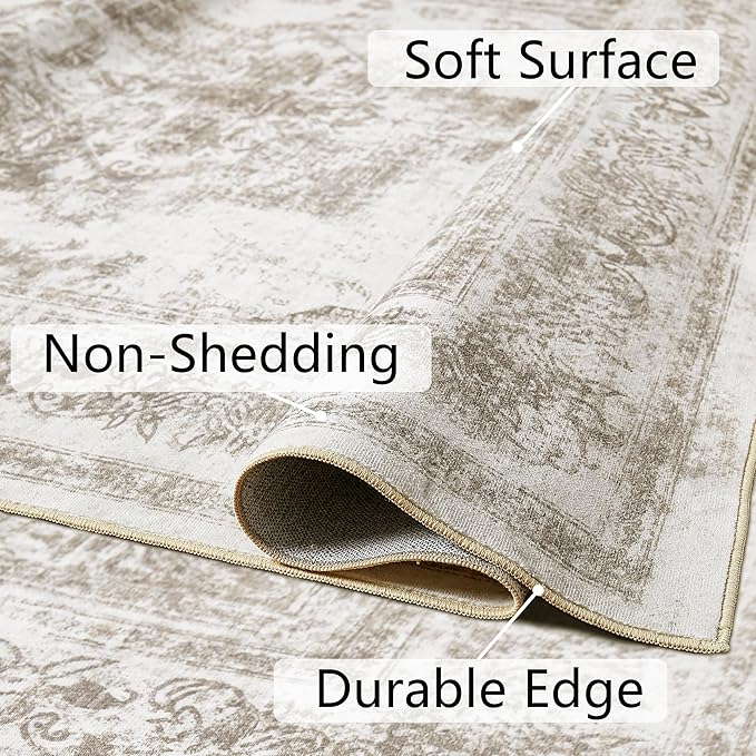 Area Rug 2x3 Beige Washable Entryway Vintage Medallion Carpet Non Slip Low Pile Soft Doormat Distressed Retro Indoor Small Rug for Kitchen Bedroom Laundry Bathroom