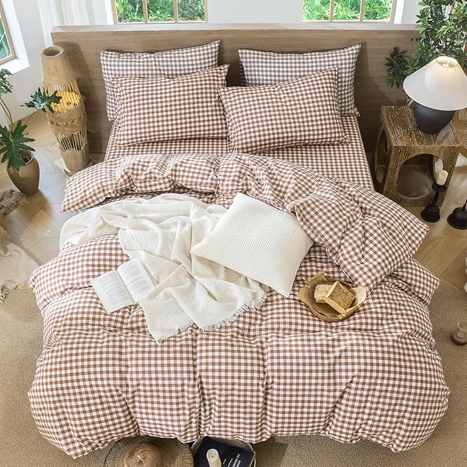 MooMee Gingham Duvet Cover Set 100% Washed Cotton Linen Like Textured Breathable Durable Soft Comfy Modern Checkered Design (Dark Orange Gingham, Cal King 104"x98")