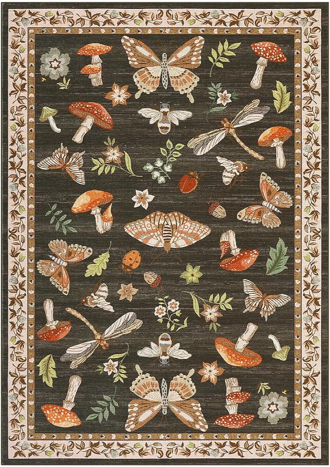 4x6 Rug Non-Slip Washable Carpet - Mushroom Soft Low-Pile Stain Resistant Foldable Rugs for Nursery Kitchen Bedroom Living Room Entryway Indoor Mat with Rubber Back Brown