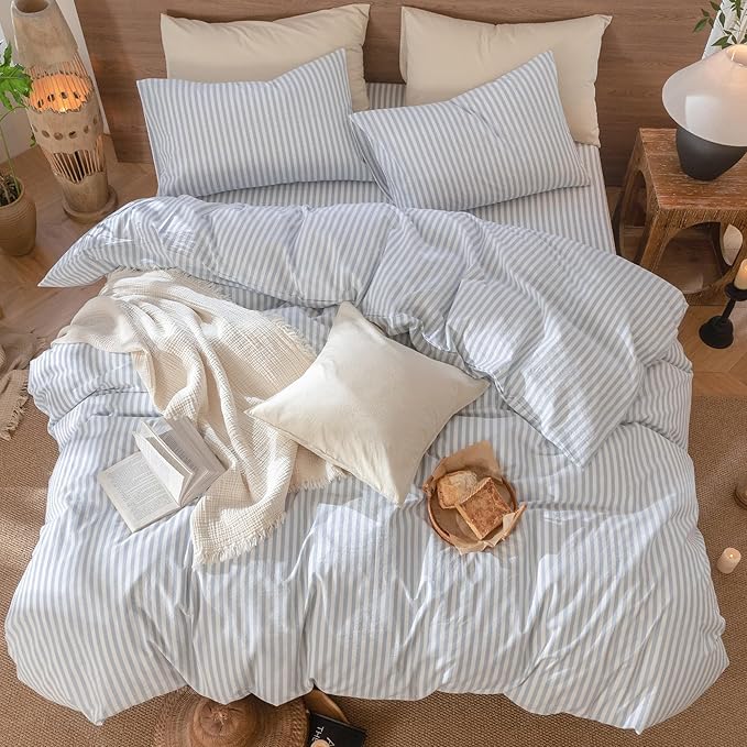MooMee Striped Duvet Cover Set 100% Washed Cotton Linen Like Textured Breathable Durable Soft Comfy (Cornflower Blue White Classic Stripes, Super Queen 90"x98")