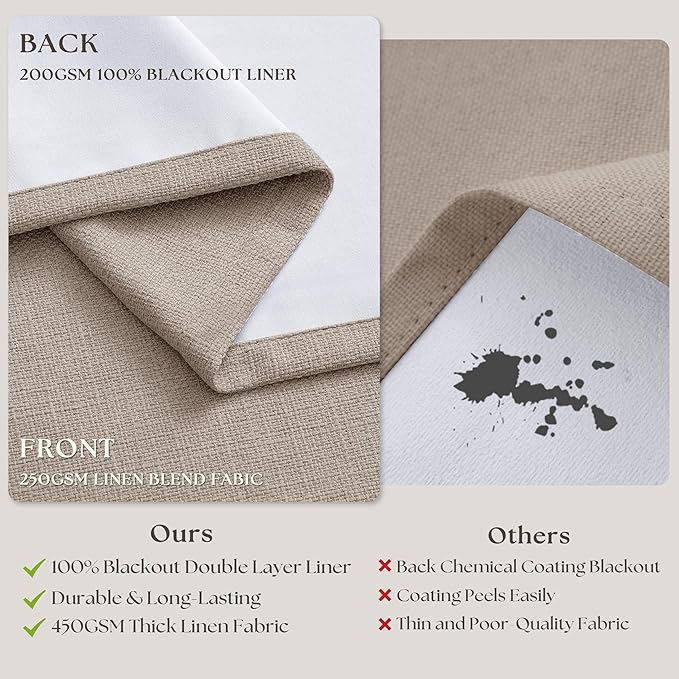 Extra Wide 70 Inch Burlywood Birch Blackout Bedroom Curtains 96 Inches Long Memory Trained Pinch Pleated Room Darkening Thermal Linen Textured Two Layer Drapes for Living Room Sliding Patio Door