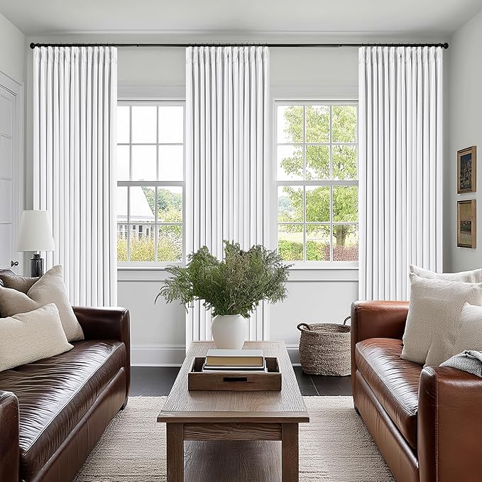 White Linen Blackout Pleated Curtains 90 Inches Long for Living Room Darkening Pinch Pleat 100% Black Out Drapes Thermal Insulated Soundproof Pure White 90 Inch Curtain Panel for Dining Bedroom