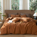 MooMee Wavy Striped Duvet Cover Set 100% Washed Cotton Linen Like Textured Breathable Durable Soft Comfy (Dark Orange, Oversized Queen 98"x98")