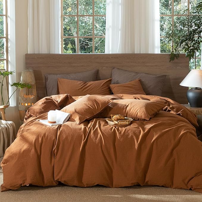 MooMee Wavy Striped Duvet Cover Set 100% Washed Cotton Linen Like Textured Breathable Durable Soft Comfy (Dark Orange, Queen 90"x90")