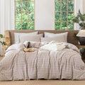 MooMee Gingham Duvet Cover Set 100% Washed Cotton Linen Like Textured Breathable Durable Soft Comfy Modern Checkered Design (Brown Gingham, Full 80"x90")