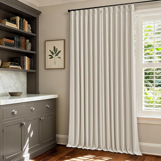 Pinch Pleated Blackout 90 Inch Bedroom Curtains 70 Inch Wide Linen Dual Layer Soundproof Farmhouse Window Curtains for Living Room Cream Natural Hooks Rings Back Tab 100% Black Out Drapes 1 Panel