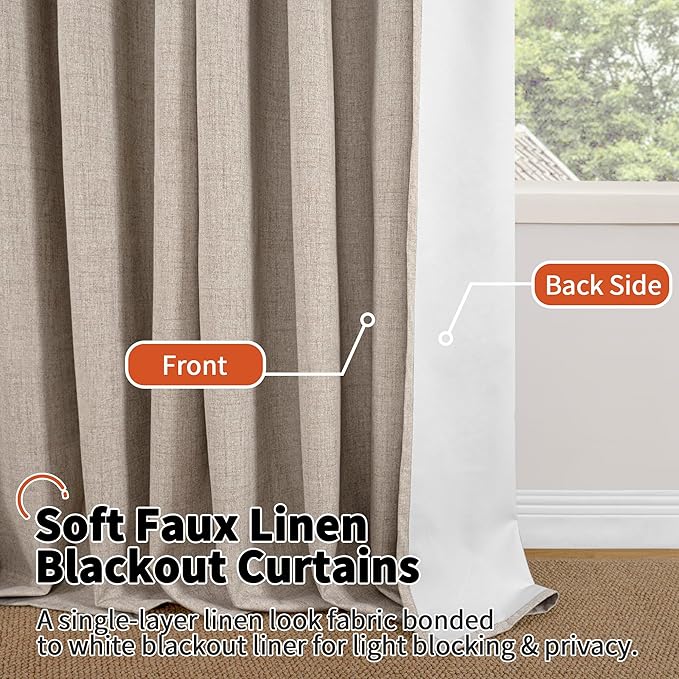 60 Inch Wide Linen Blackout Curtains for Bedroom 63 Inch Length 2 Panels, Total Black Out Thermal Insulated Energy Efficiency Grommet Boho Window Drapes White Liner for Modern Farmhouse, Beige