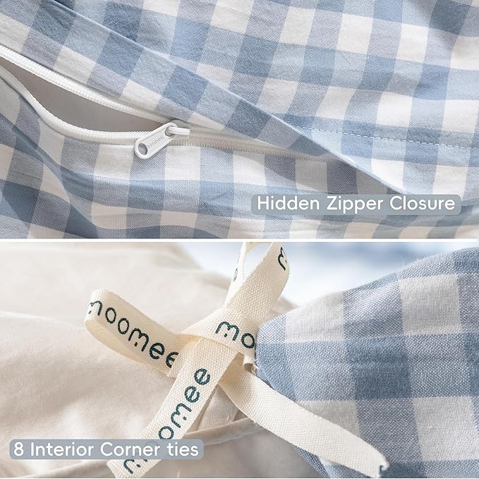 MooMee Gingham Duvet Cover Set 100% Washed Cotton Linen Like Textured Breathable Durable Soft Comfy Modern Checkered Design (Classic Gingham Cornflower Blue, Twin 68"x90")