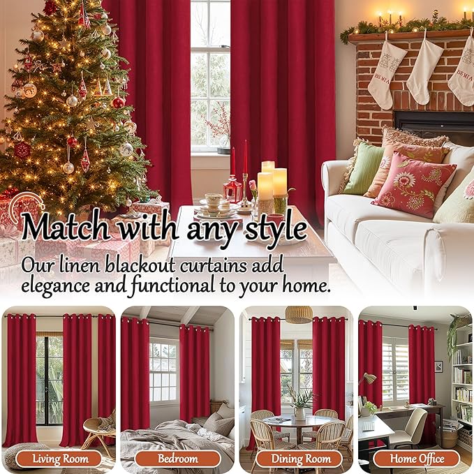Red Linen Blackout Christmas Curtains for Living Room - Thermal Insulated Heavy Curtains 84 Inch Long, Thick Light Blocking Soundproof Curtains for Winter Bedroom Each 52x84 Inch 2 Panels