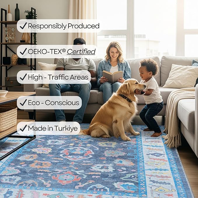 Fame Rugs Blue Modern Oushak Rug 2'6"x7', Washable Vintage Turkish Colorful Oriental Antique Inspired Foldable Small Runner Rugs, Luxury Living Room Bedroom (387BNB, 2'6" x 7')