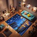 Machine Washable 3' x 5' Oil Painting-Style Area Rug, Bule Floor mat, Suitable for bedrooms, Girls' Room Bedside, Living Room, Dining Room, Office, Non-Slip Low-Pile Stars and Swirls Carpet
