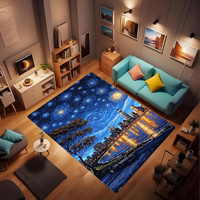 Machine Washable 2' x 3' Oil Painting-Style Area Rug, Bule Floor mat, Suitable for bedrooms, Girls' Room Bedside, Living Room, Dining Room, Office, Non-Slip Low-Pile Stars and Swirls Carpet