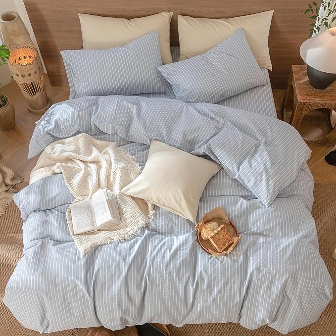 MooMee Striped Duvet Cover Set 100% Washed Cotton Linen Like Textured Breathable Durable Soft Comfy (Cornflower Blue White Wide Stripes, Alaska King 132"x120")