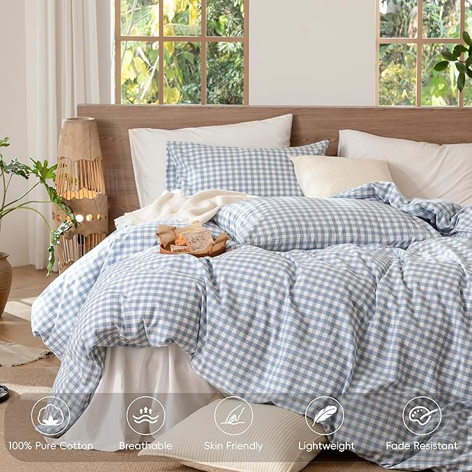 MooMee Gingham Duvet Cover Set 100% Washed Cotton Linen Like Textured Breathable Durable Soft Comfy Modern Checkered Design (Classic Gingham Cornflower Blue, Full 80"x90")