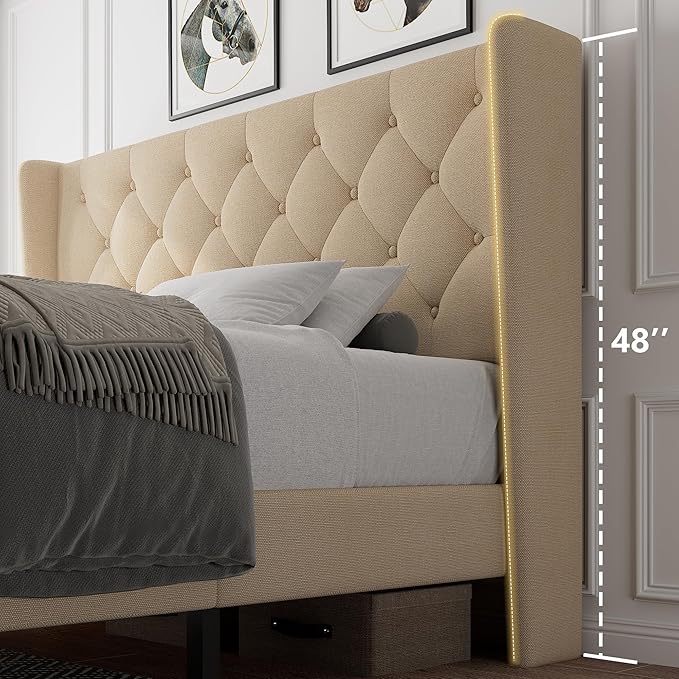 iPormis Queen Platform Bed Frame with Button Tufted Headboard, Upholstered Bed Frame with Solid Wooden Slats, 8" Under-Bed Space, No Box Spring Needed, Easy Assembly, Noise Free, Beige