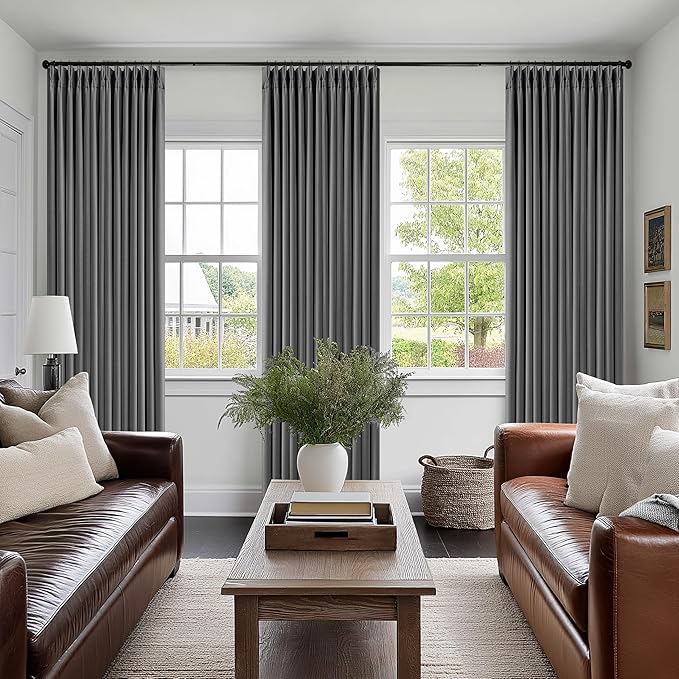 Dark Gray Linen Blackout Pleated Curtains 90 Inches Long for Living Room Darkening Pinch Pleat 100% Black Out Drapes Thermal Insulated Soundproof Charcoal Grey 90 Inch Curtain for Dining Bedroom