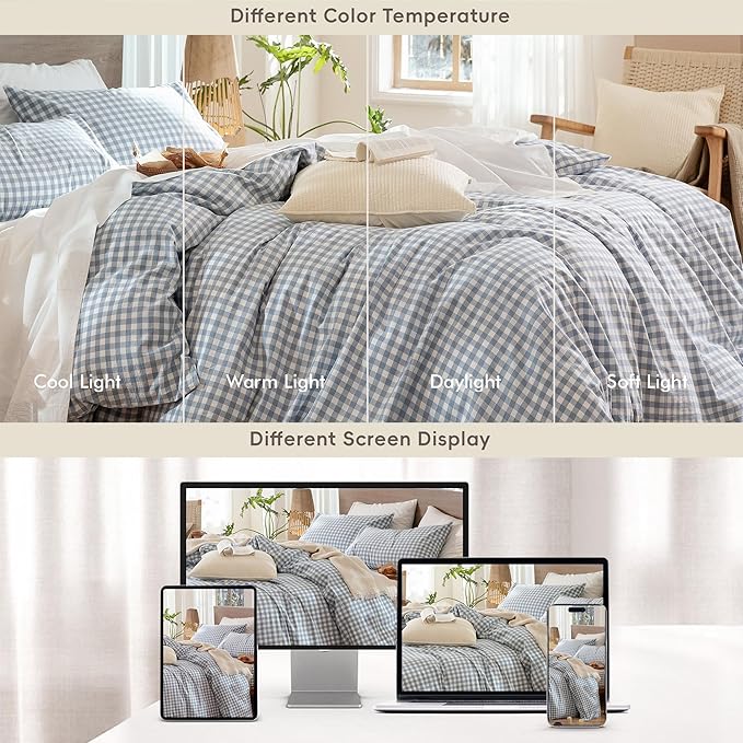 MooMee Gingham Duvet Cover Set 100% Washed Cotton Linen Like Textured Breathable Durable Soft Comfy Modern Checkered Design (Classic Gingham Cornflower Blue, King 104"x90")