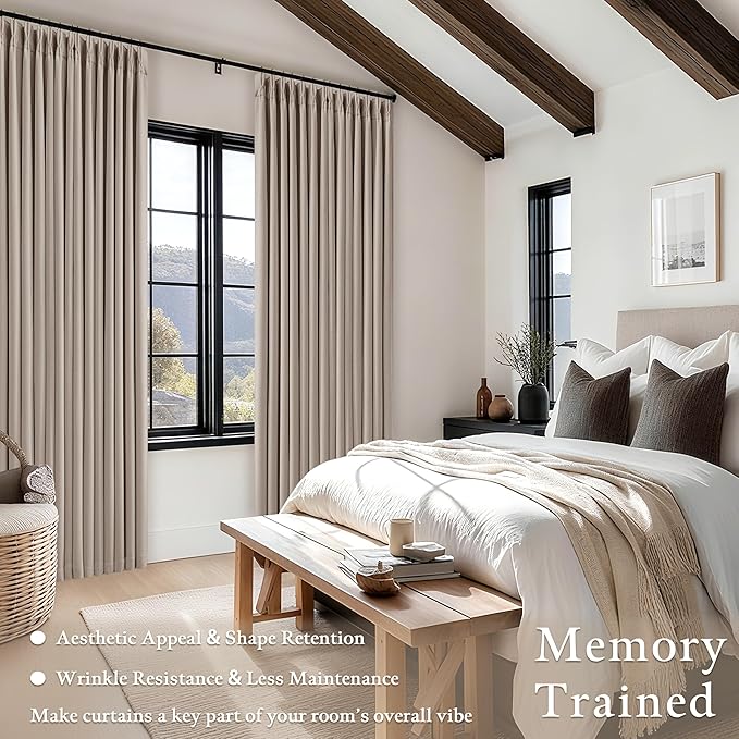 Greyish Beige Pleated Blackout Curtains 96 Inches Long 2 Panels Set for Dining Living Room Darkening Neutral Memory Shape Pinch Pleat Black Out Heavy Duty Thermal Insulated Curtain Drapes with Liner