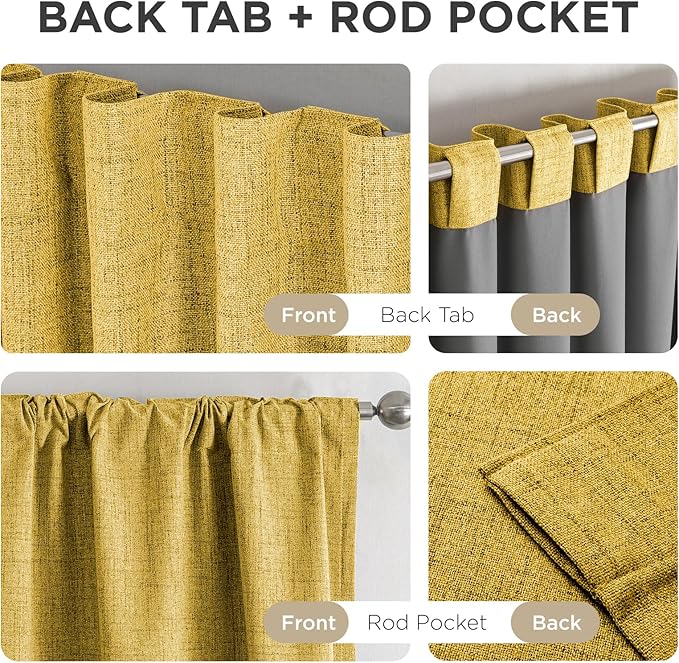 Joydeco Blackout Curtains for Bedroom - 63 Inch Long 100% Light Blocking 2 Panels Set Yellow Drapes, Thermal Insulated Room Darkening Curtains, Linen Textured for Living Room, Rod Pocket & Back Tabs
