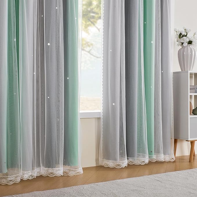 XiDi Curtains for Bedroom Decor, Rainbow Green LightgreyGrey52/96/1