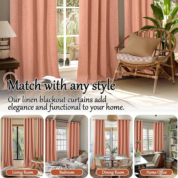 Linen Blackout Curtains 72 Inch Long for Bedroom, 100% Black Out Fall Curtains for Bedroom Living Room, Light Blocking Thermal Insulated Window Curtains, Each 52x72 Inch 2 Panels, Terracotta