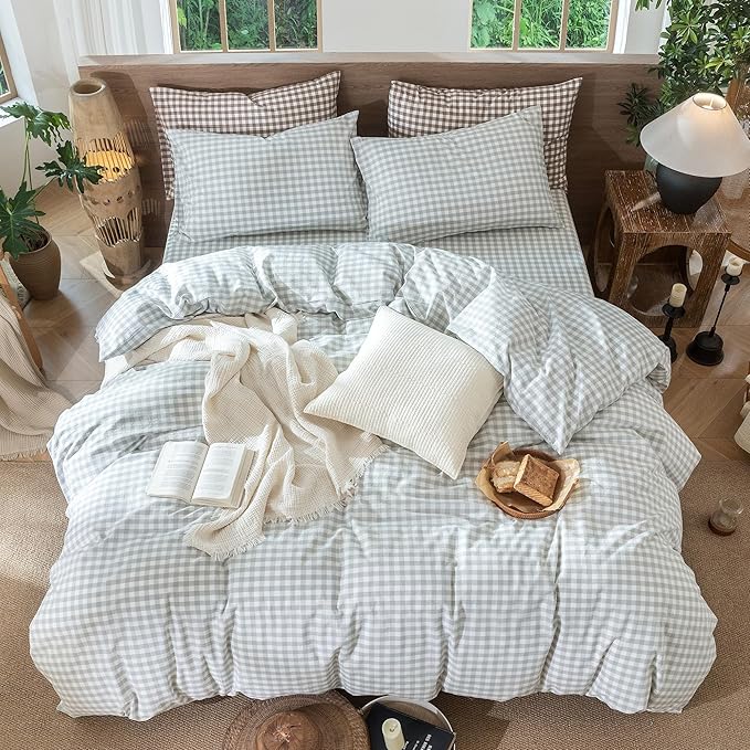 MooMee Gingham Duvet Cover Set 100% Washed Cotton Linen Like Textured Breathable Durable Soft Comfy Modern Checkered Design (Northern Droplet Grey Gingham, Twin 68"x90")