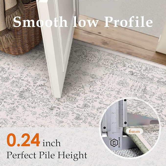 Gray Entryway Runner Rug 2x4 Door Mat Machine Washable Kitchen Carpet Vintage Distressed Non Slip Indoor Grey Retro Floral Accent Throw Small Rug for Bathroom Office Bedroom Dining Room