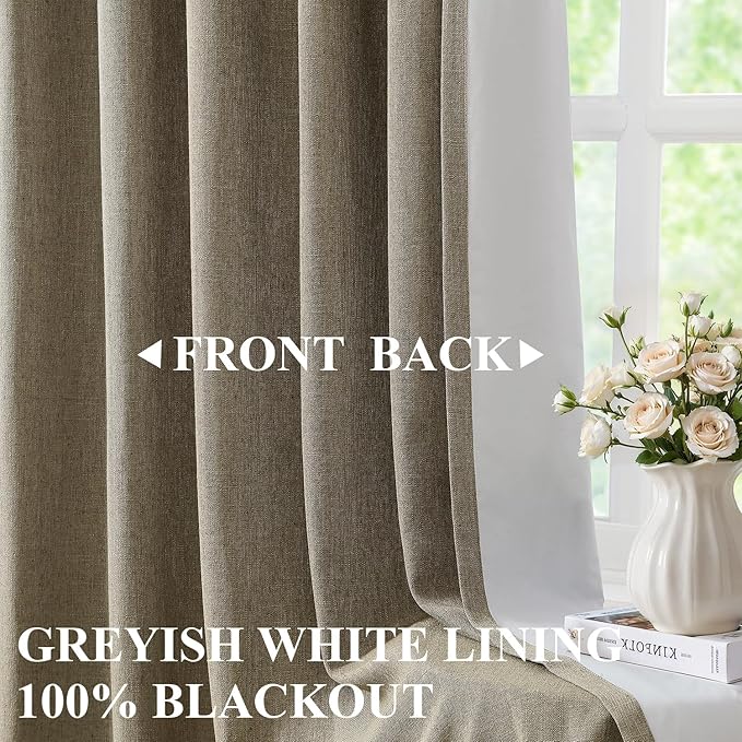 Vision Home Brown Linen Full Blackout Curtains for Bedroom Living Room Darkening Soundproof Window Curtains 102 inch Thermal Insulated Rod Pocket Back Tab Linen Drapes 2 Panels 56" Wx102 L