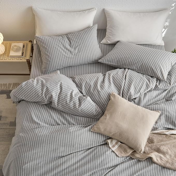 MooMee Striped Duvet Cover Set 100% Washed Cotton Linen Like Textured Breathable Durable Soft Comfy (Light Grey White Wide Stripes, Cal King 104"x98")