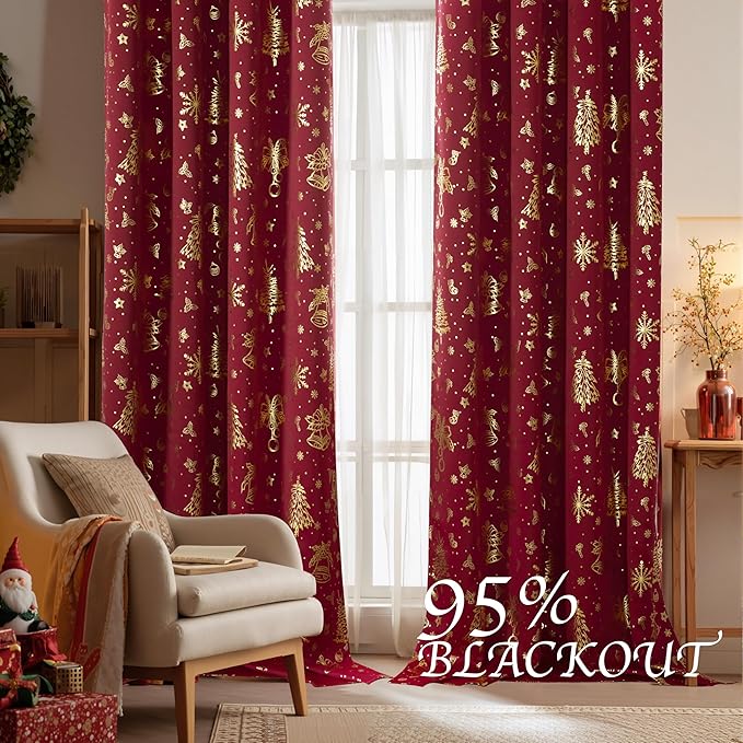NICETOWN 2 Panels Christmas Red Curtains 52 x 108 Inch, Gold Stamping Grommet Drapes for Holiday Decoration, Christmas Style Window Treatment for Living Room Bedroom, Home Decor