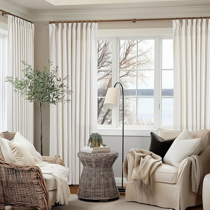 Extra Wide 60 Inch Width Pinch Pleated Curtains 96 Inch Length for Living Room Thick Linen Boho Curtain Memory Shape Light Filtering Privacy for Bedroom Large Windows Hooks Rings Cream 1 Panel 60x96