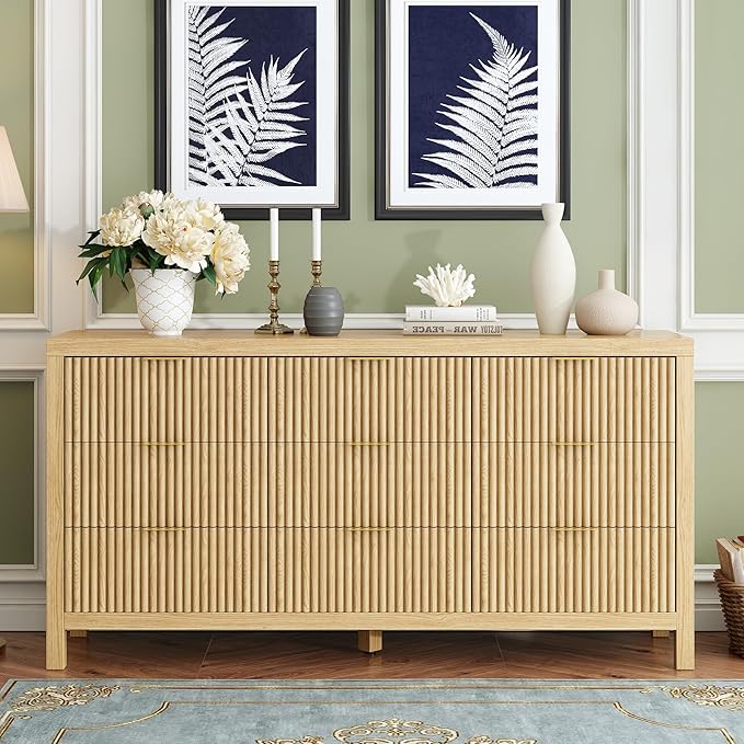 ZXSHD 9 Drawers, Modern Large Chest Mid Century Modern Dresser TV Stand, Storage Organizer Dresser with Solid Natural Wood Legs for Bedroom, Living Room, Hallway, Natural Oak