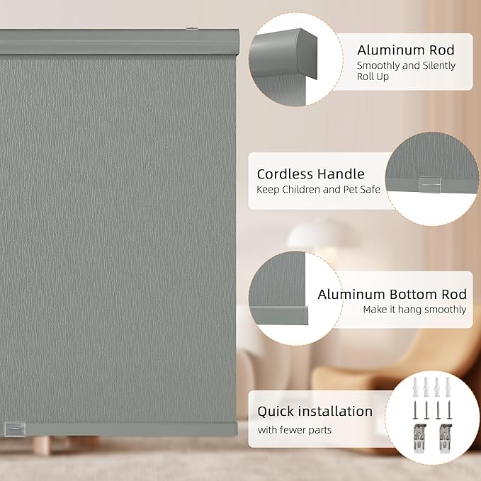 ChrisDowa Cordless Blackout Roller Shades for Windows, Striped Free-Stop Window Blinds with Privacy, Thermal Insulated Window Shades for Home, Office and Door. Grey, 47" W x 72" H