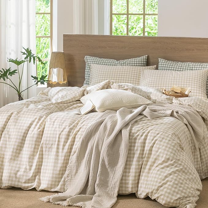 MooMee Gingham Duvet Cover Set 100% Washed Cotton Linen Like Textured Breathable Durable Soft Comfy Modern Checkered Design (Almond Milk Grey Gingham, Twin 68"x90")