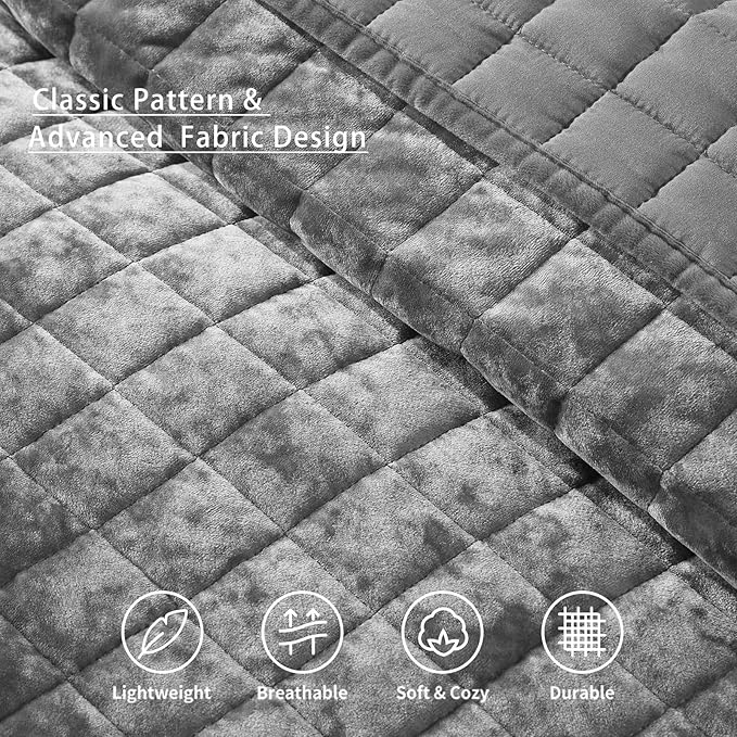 LEAONME Velvet Quilt King Size-98''x106'', Lightweight Grey Velvet Comforter Set with 2 Pillow Shams, Soft Bedspread Coverlet Quilted Bedding Set for All Season