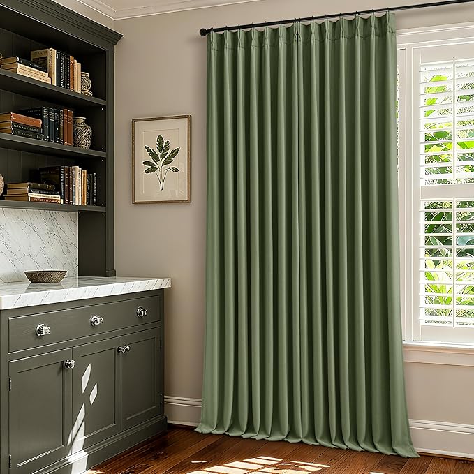 86 Inch Olive Green Pleated Blackout Curtains 2 Panels Set for Bedroom Living Room Darkening 100% Black Out Memory Trained Farmhouse Rustic Farmhouse Pinch Pleat Linen Window Curtains 86 Inch Length