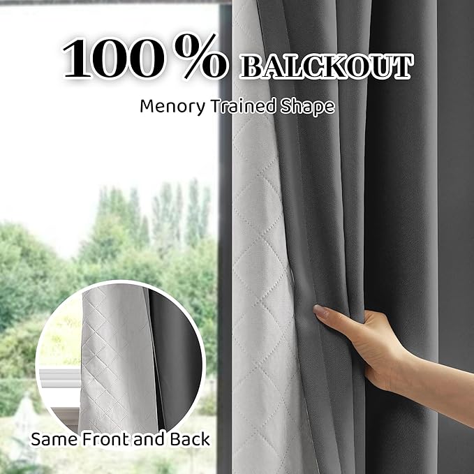 100% Blackout Thermal Insulated Curtains, 3 Layers Noise Absorbing, Soundproof Back Tab Drapes for Sliding Glass Door Baby Nursery Bedroom with Hooks, Grey 50x84 Inch Set of 1
