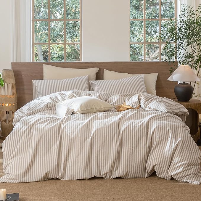MooMee Striped Duvet Cover Set 100% Washed Cotton Linen Like Textured Breathable Durable Soft Comfy (Tannish Linen Grey White Classic Stripes, Super King 108"x98")