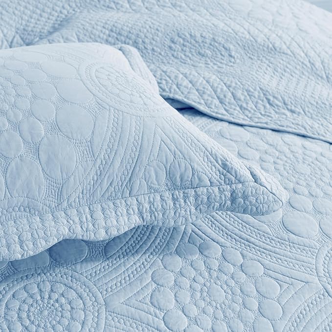 MarCielo 3-Piece 100% Cotton Oversized Bedspread Lightweight Quilt Coverlet Embroidery Farmhouse Bedding Set (Tf Light Blue, Oversized King (118"x106"))