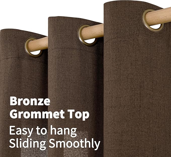 YoungsTex Brown Linen Kitchen Curtains 40 Inch Length with Grommet, Short Drapes Light Filtering Semi Sheer Fall Decor for Cafe Bathroom Window, 42 x 40 Inch, 2 Panels