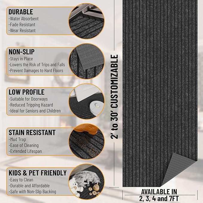 Ottomanson 2'7" x 53' Hallway Runner with Scraper Pile - Extra Durable Non-Slip Rug Mat for Indoor & Outdoor Use - Ideal for Kitchen, Entryway & Garage - High-Traffic Carpet, Black