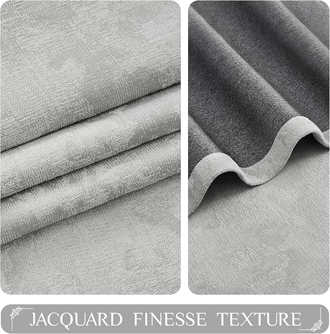 Beauoop Grey Floral Jacquard Blackout Curtains 96 Inches Long 2 Panels for Bedroom Living Room Gray Flower Chenille Room Darkening Thermal Insulated Soundproof Grommet Window Treatments Drapes, 52x96